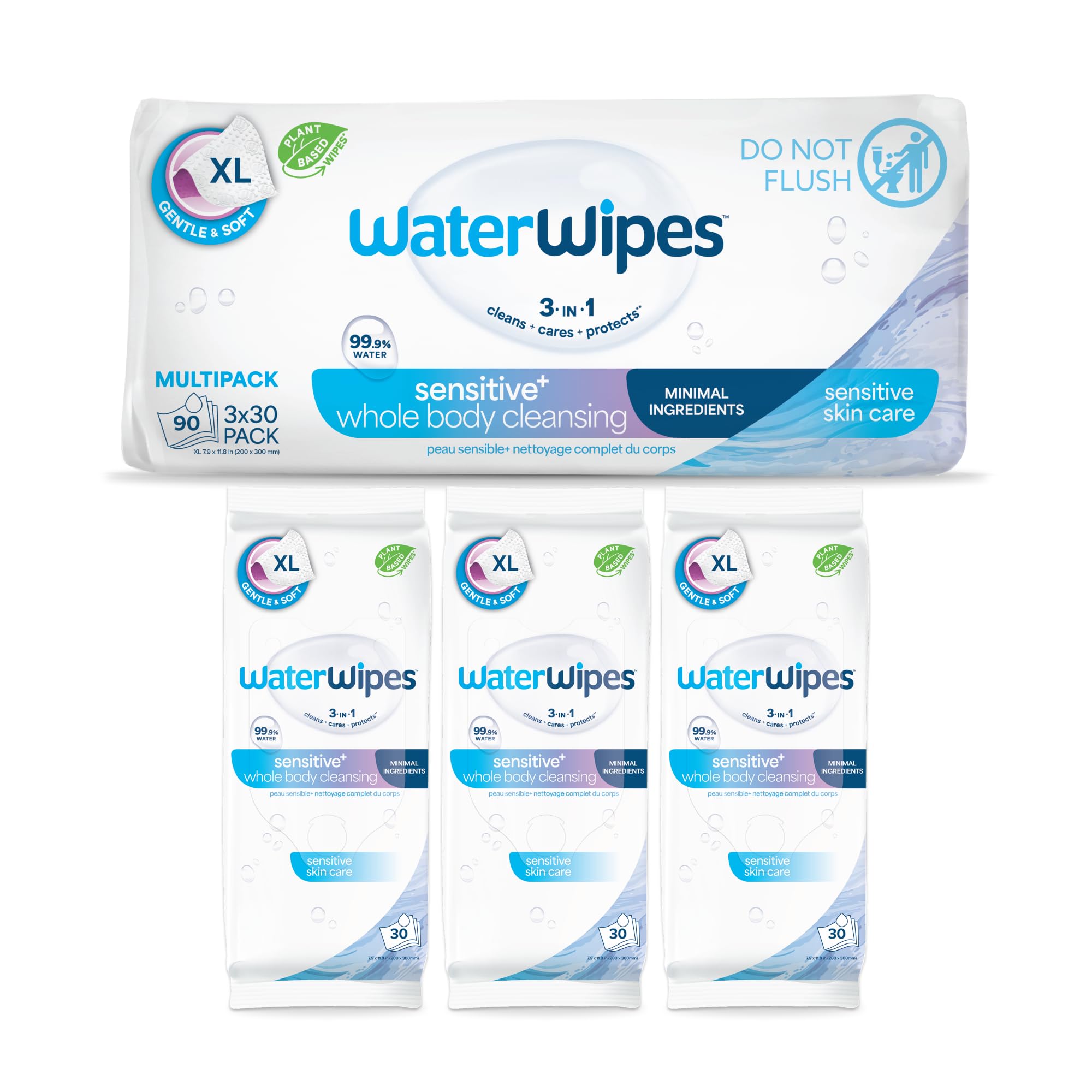 WaterWipes Sensitive Whole Body Cleansing Wipes, 99.9% Purified Water, XL Textur