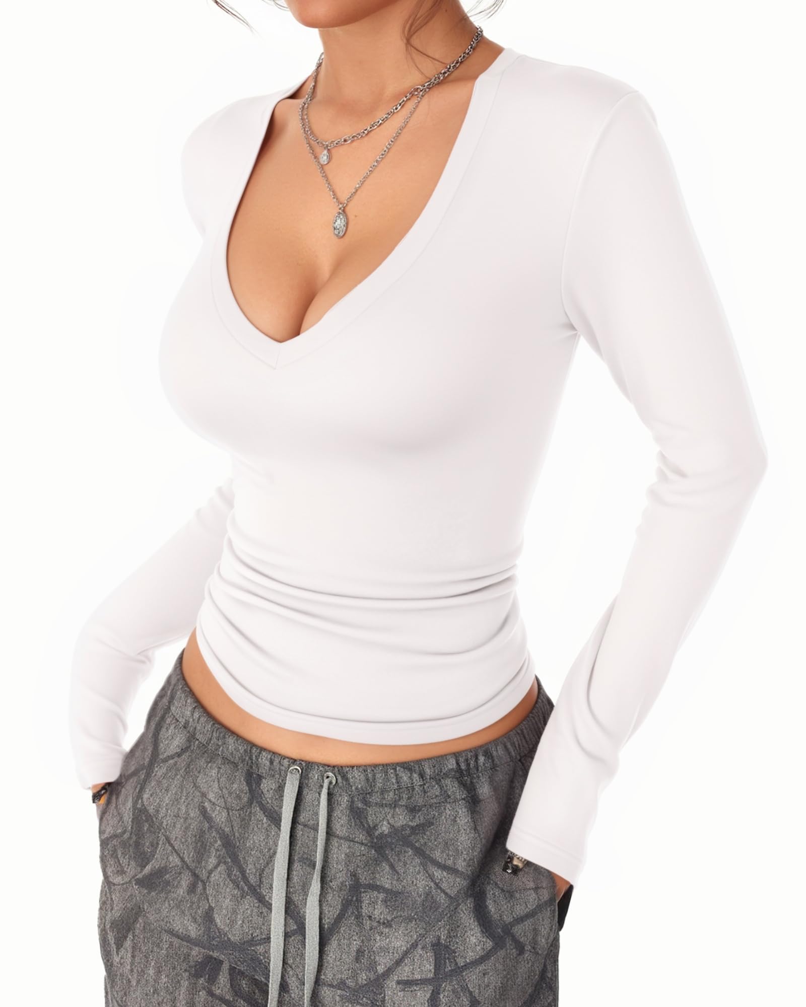 Women's Sexy Deep V Neck Long Sleeve T-Shirt