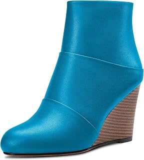 HDEUOLM Women's High Wedge Esparto Heel Closed Toe Round Toe Ankle Boots 8.5 CM Heels Slip-on Zipper Cute Shoes
