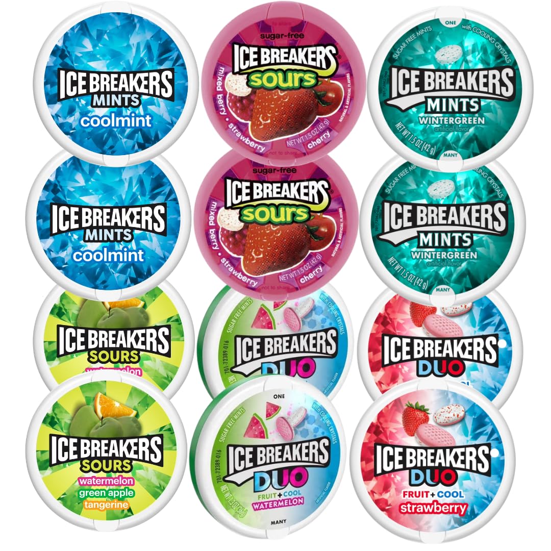 ICE BREAKERS Mints Variety Pack, 12 Count – Cool Mint, Wintergreen, Fruit Sours,
