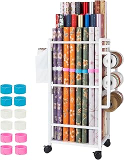 Aquzee Wrapping Paper Storage, Gift Wrapping Paper Organizer Storage, White | Adjustable Rod Design, Ribbon Organizers, 12 PCS Slap Bands, Vertical Rolling Gift Wrap Stand