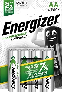 Energizer Recharge Universal Rechargeable AA Batteries (4 Pack) 1300 mAh | NiMH Micro LR03 Triple A Battery - 2x Longer Lasting - 0% Plastic Packaging - Reusable Power for Everyday Devices