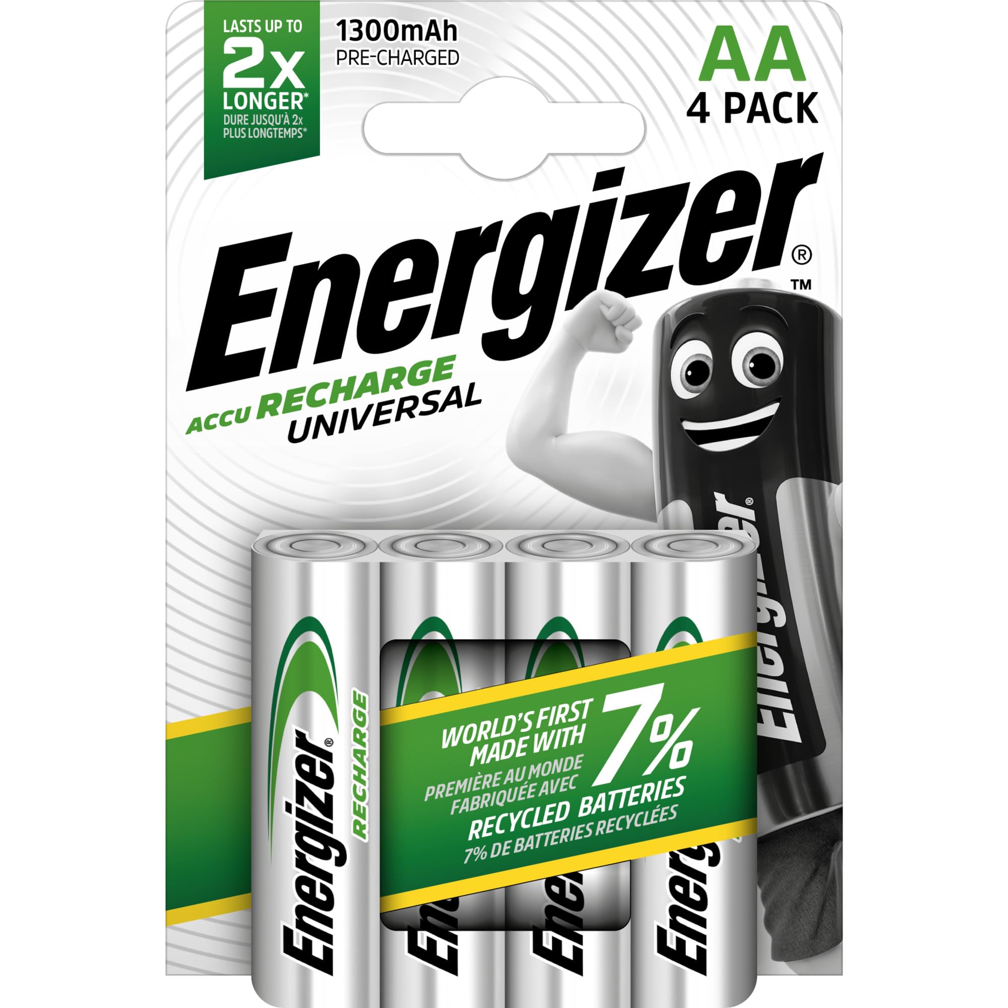 Energizer Recharge Universal Rechargeable AA Batteries (4 Pack) 1300 mAh | NiMH 