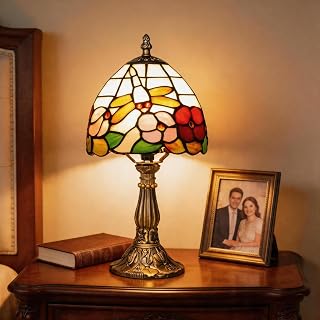 Tiffany Lamp Handmade Stained Glass Lamp with Dragonfly Flower Design Ideal for Bedroom Living Room Study Light