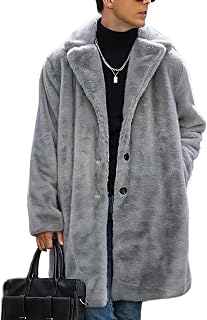 Yimoon Mens Faux Fur Long Coat Winter Fluffy Trench Coat Lapel Jacket