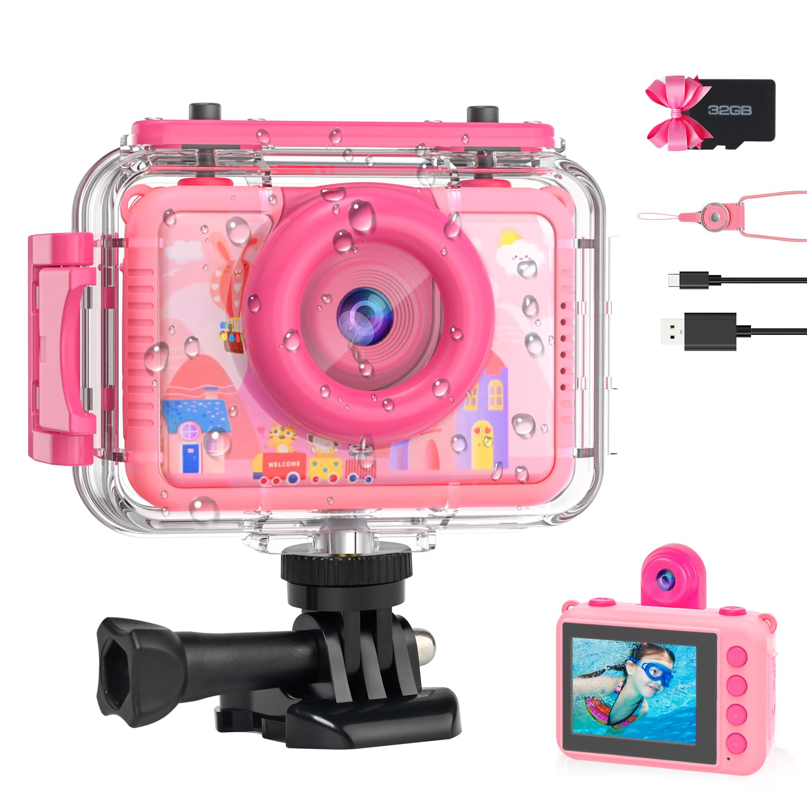Kids Waterproof Underwater Camera 1080P 4X Zoom 2"IPS Screen 32GB Card