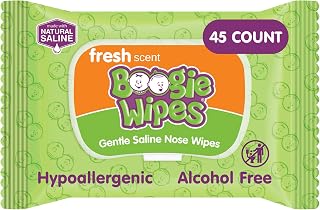 Boogie Saline Nose Wipes Fresh Scent - 45 Count | Hypoallergenic &amp; Alcohol-Free, Allergy Relief, Made with Natural Saline, Aloe, Chamomile &amp; Vitamin E, Diaper Bag Essential