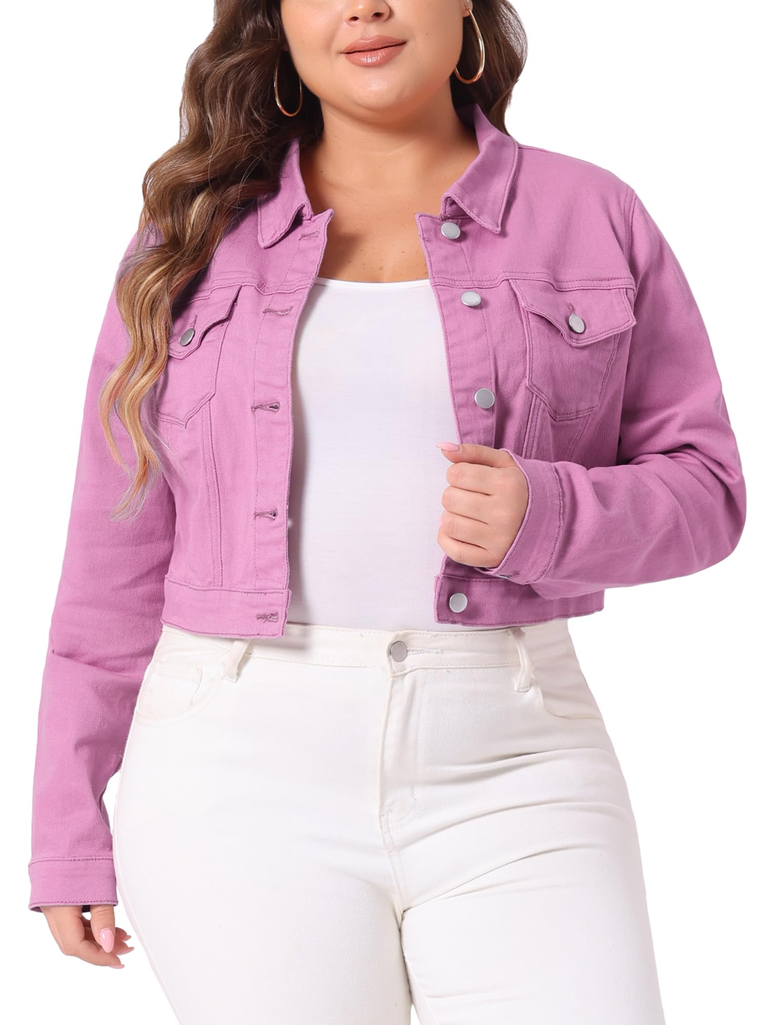 uxcell Women's Plus Size Button Closed Cropped Denim Jackets Stitching 2026