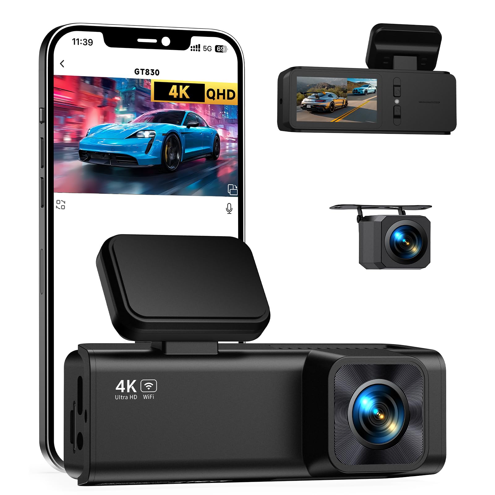 Dash Cam Front and Rear Camera, 4K+1080P Dual Channel | Dashcam for Cars with Ni