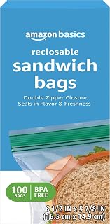 Amazon Basics Reclosable Double Zipper Sandwich Storage Bags for Food Storage, BPA Free, 100 Count