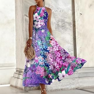 Women's Summer Dress Elegant Halter Neck Beach Holiday Floral Print Loose Off Shoulder Dress