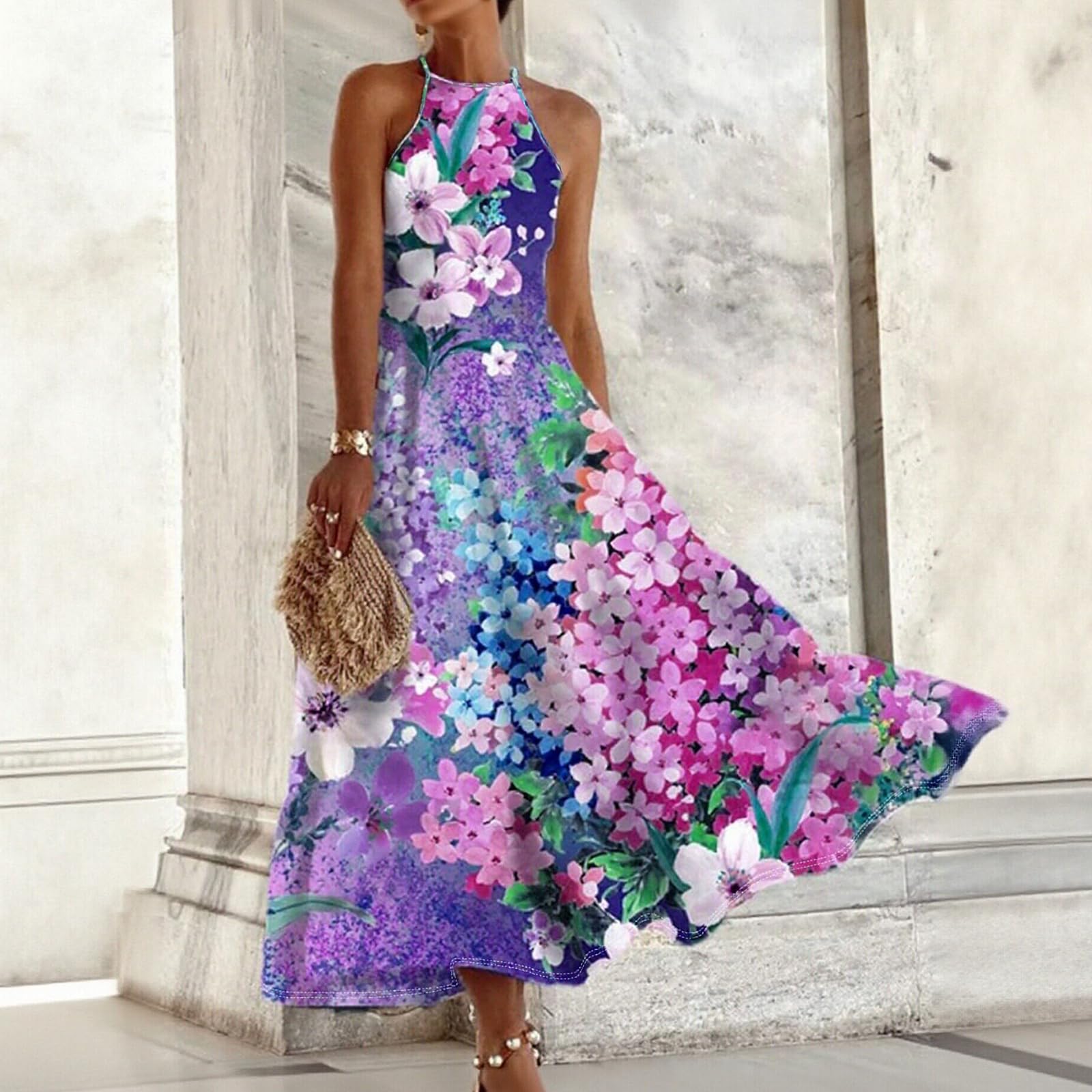 Women's Summer Dress Elegant Halter Neck Beach Holiday Floral Print Loose Off Sh