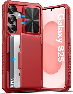 ATATOO for Samsung Galaxy S25 Case Wallet, Built-in Card Holder (Store 3-5 Cards) & Slide Lens Cover, Military Grade Protection, Rugged Silicone Protective Phone Cover for Galaxy S25 6.2", Red
