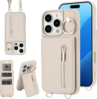 Jcxtrombulous for iPhone 16 Pro Max Wallet Case with Strap Card Holder RFID Blocking Ring Kickstand,Magnetic Flip Folio Zipper Crossbody Purse Case with Lanyard, PU Leather Cover Handbag,Beige