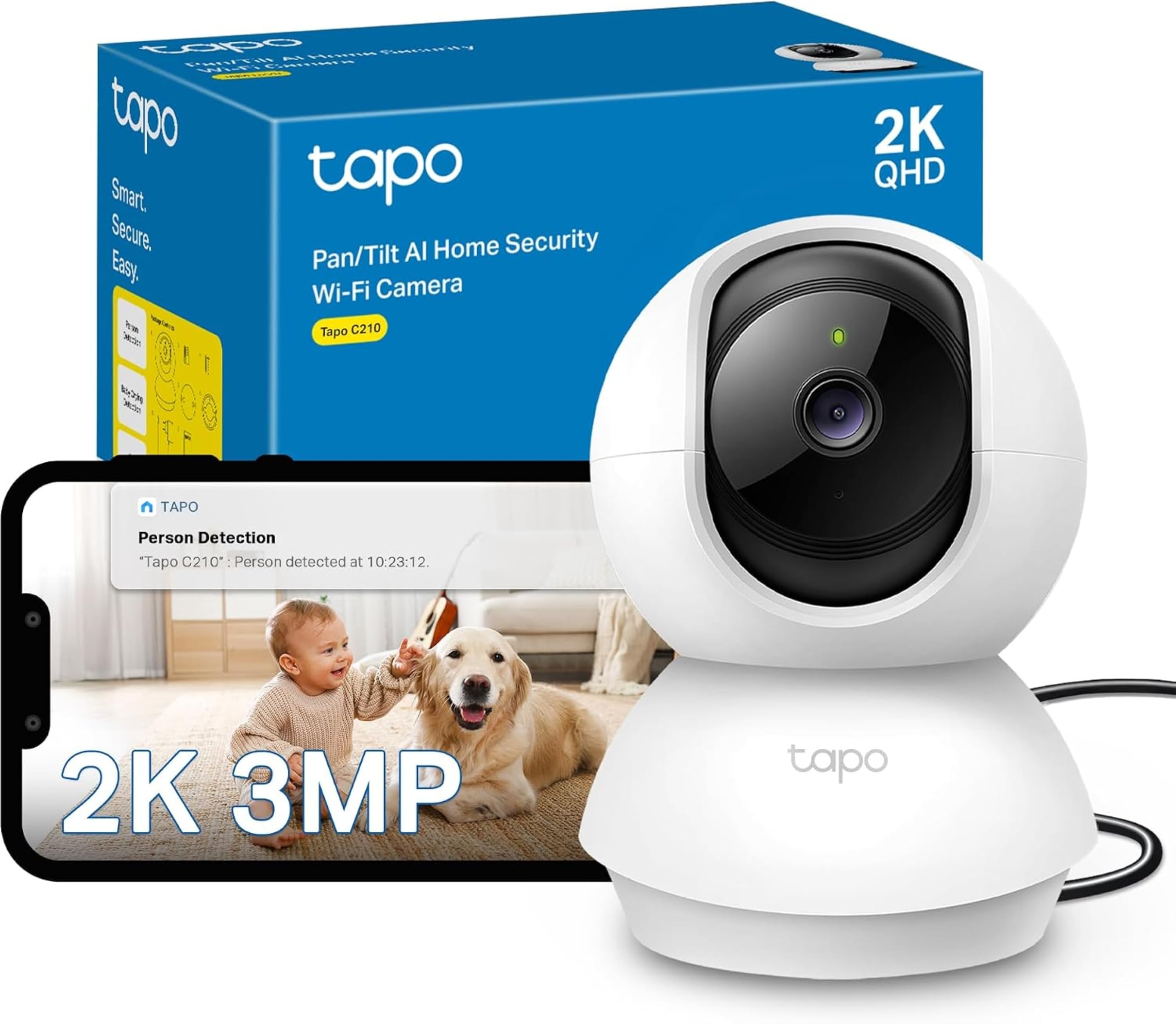 Tapo C210 – 360º Indoor WiFi Surveillance Camera, 2K 3MP, AI Detection | Baby Mo