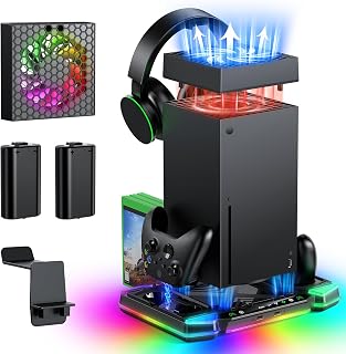 Automatic Cooling Fan and Charger Station Accessories for Xbox Series X | Console Temperature Control Fan System and Controller Charging Dock with 11 RGB Lights,2 Rechargeable Batteries,Headset Stand