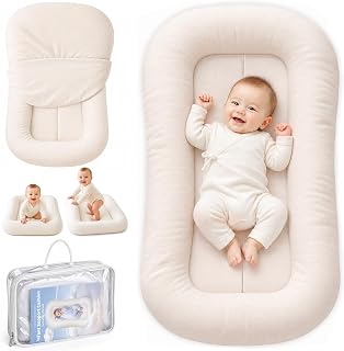 Kest Nest Baby Lounger, Infant Support Cushion 0-24 Months, White | Breathable Cotton, Machine Washable Cover, Infant Lounger, Home and Travel, Portable Tummy Time Mat, Baby Registry Gift