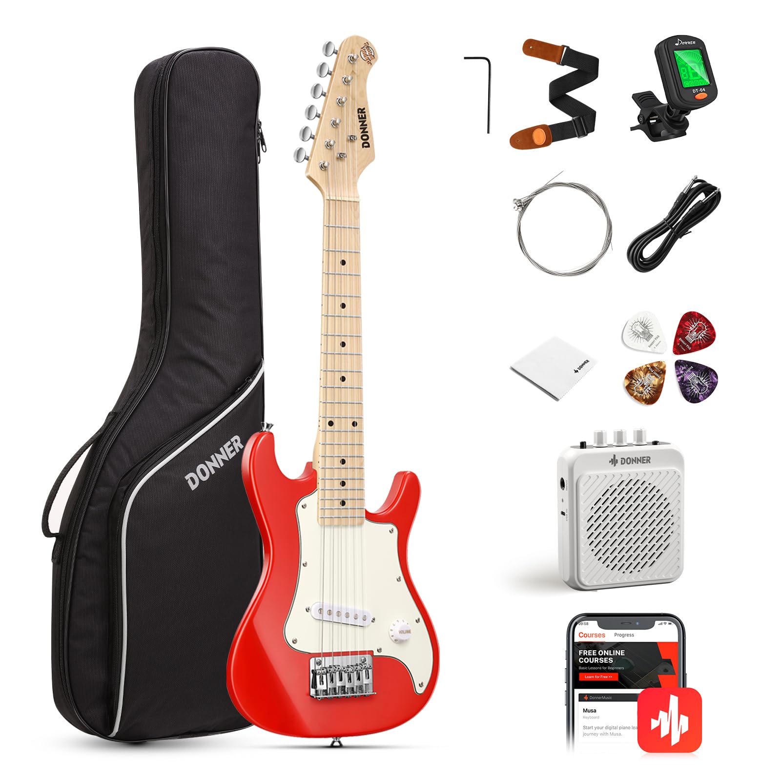 Donner 30 Inch Kids Electric Guitar Beginner Kit ST-Style (Red) | Mini Electric 