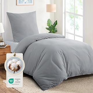 Aisbo 2-Piece Grey Cotton Bed Linen 155 x 220 cm, Light Grey Duvet Cover Set with Zip, Bedding, Soft and Breathable