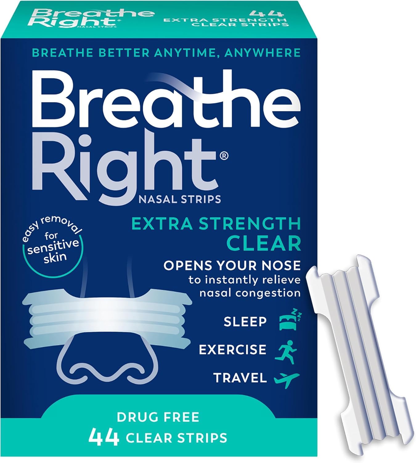 Breathe Right Nasal Strips, Extra Strength, Nasal Congestion, Clear, 44ct | Open