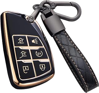 Cacacar Key Fob Cover for Chevy GMC with Keychain, Tahoe Suburban Equinox Traverse Yukon Denali Terrain Buick Envision Premium Soft TPU Case (6 Buttons Black)