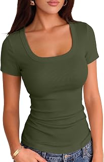 VICHYIE Women Square Neck Ribbed Knit Slim Fitted Casual Top