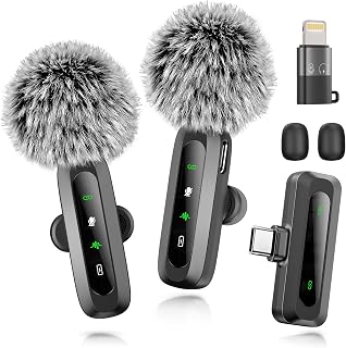 2 Pack Wireless Microphone for iPhone iPad, Phone Lapel Clip Mini Mic Vlog | Wireless Lavalier Microphone with Noise Reduction, Plug-Play Wireless Mic for Video Recording, Interview, YouTube, TikTok