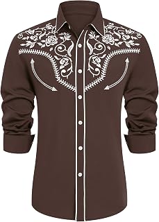 Men's Western Cowboy Shirt Embroidered Long Sleeve Button Down Shirt
