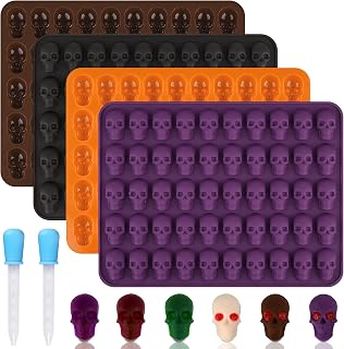 HUAKENER Gummy Skull Molds, 4 Pack Skull Candy Molds with 2 Droppers, | Halloween Silicone Molds for Chocolate, Candy, Jelly, Dog Treats, Ice Cube, Resin Casting, Nonstick, Food Grade Material