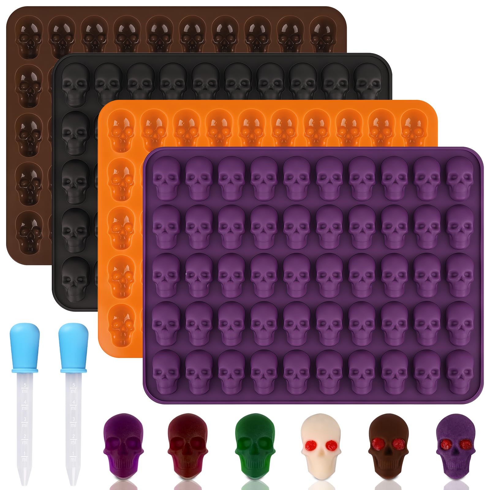 HUAKENER Gummy Skull Molds, 4 Pack Skull Candy Molds with 2 Droppers, | Hallowee