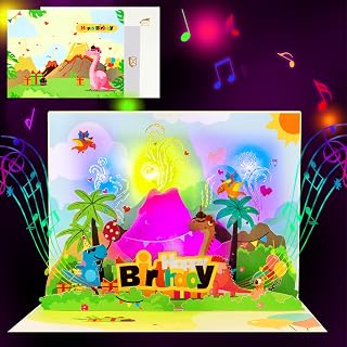 3D Pop Up Dinosaurier Geburtstagskarte für Kinder – Musik und Licht Vulkan-Szene mit Dinos Karte für Jungen & Mädchen – Inklusive Umschlag und Blanko Notizkarte