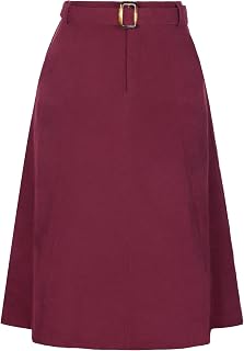 Allegra K Women's High Waist Elastic A-Line Belted Midi Corduroy Skirt