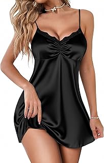 Ekouaer Lencería sexy para mujer, camisón de seda, pijama de encaje con cuello en V, babydoll de satén, camisón de noche