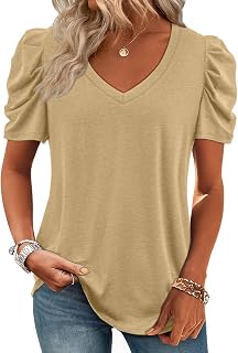 ATHMILE Womens Blouse Dressy Casual V Neck Puff Short Sleeve Tshirts Boho Fashion Summer Spring Tunic Top Clothes