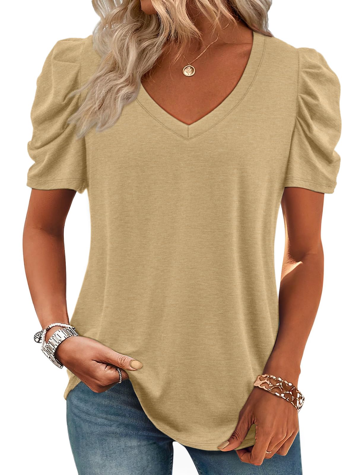 ATHMILE Womens Blouse Dressy Casual V Neck Puff Short Sleeve Tshirts Boho Fashio
