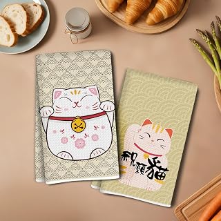 2 Pack Japanese Style Cat Kitchen Dish Cloths 35x61cm Absorbent Microfiber Tea Towels Decorative Dish Cloth Tea Towels Waffle Towels for Kitchen Home