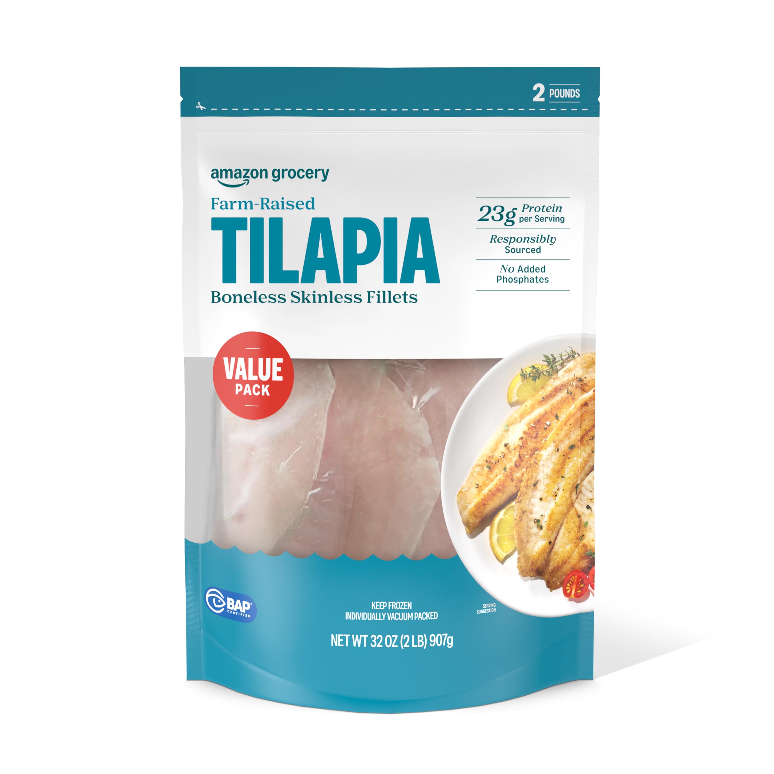 Amazon Grocery, Farm-Raised Tilapia, Boneless Skinless Fillets, 2 Lb (Previously