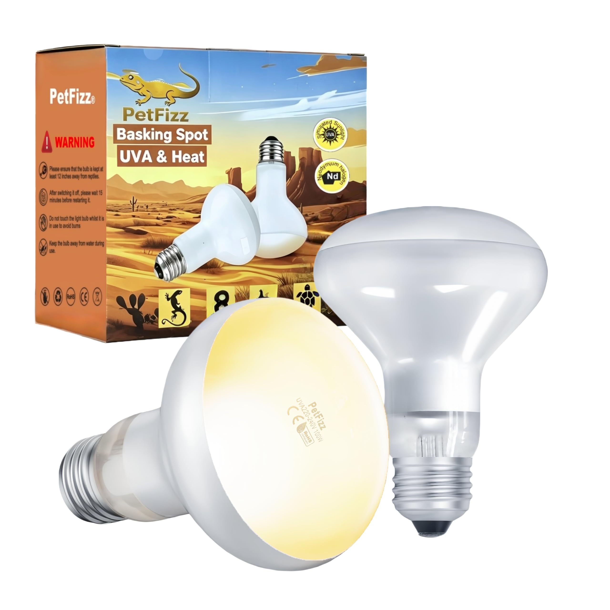 PetFizz Reptile Heat Lamp Bulb 100W-2Pack, Daylight Basking Spot Lamp Bulb, E27 
