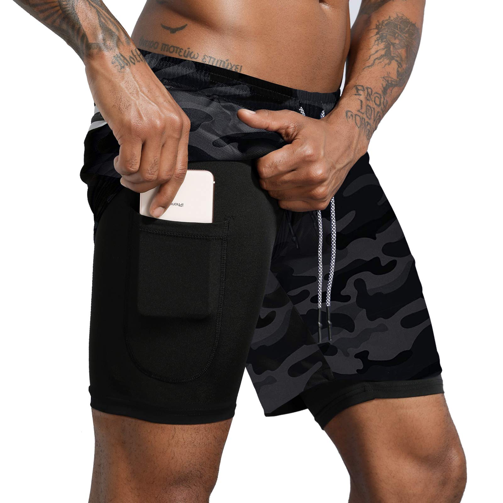 Leidowei 2 in 1 Workout Shorts for Men Lightweight Workout Yoga Gym Shorts 7" wi