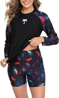 Halcurt Women's Long Sleeve 2 Piece Rash Guard Built in Bra Swimsuit Set