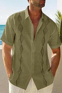 Guayabera Cuban Shirts Men Linen Short Sleeve Button Down Mexican Cotton Beach Wedding Shirt