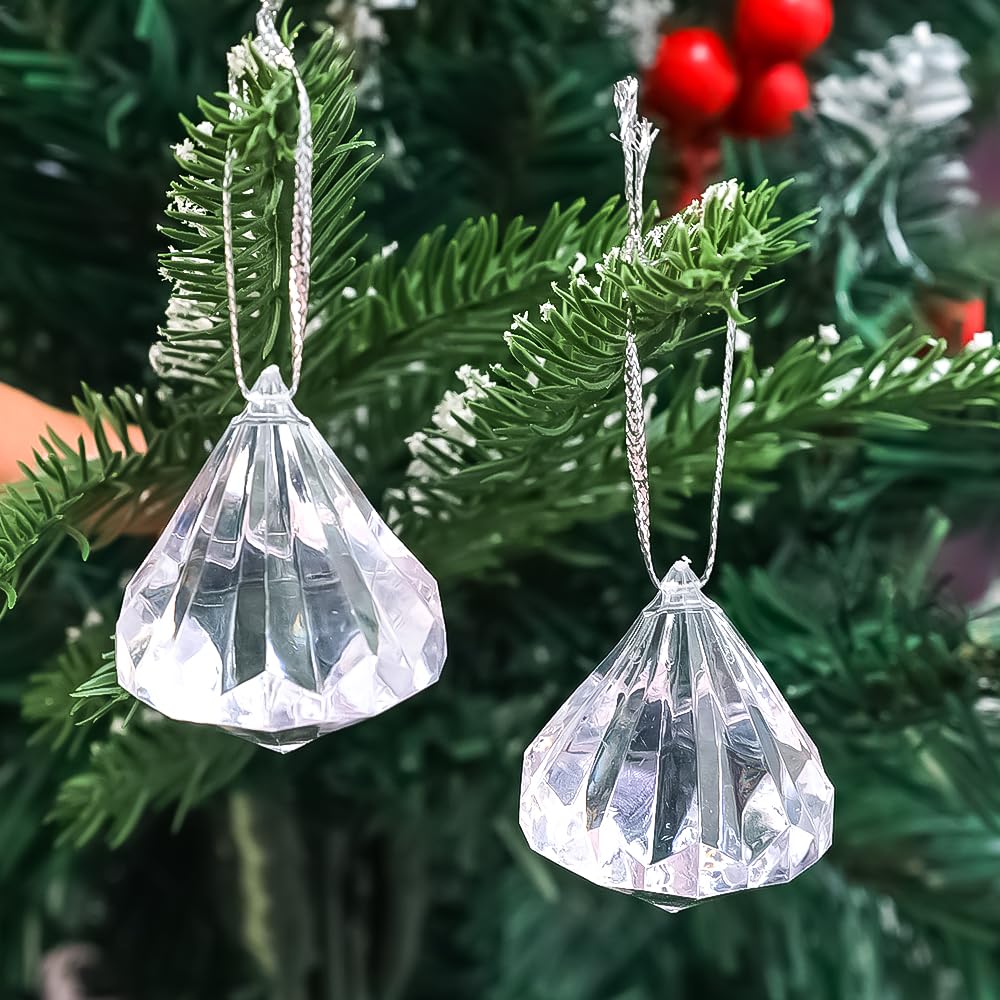 Set of 6 Christmas Acrylic Artificial Diamond Hanging Ornaments, Clear Rhineston