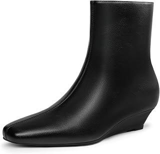 Athlefit Women's Ankle Boots Square Toe Wedge Booties With Side Zipper