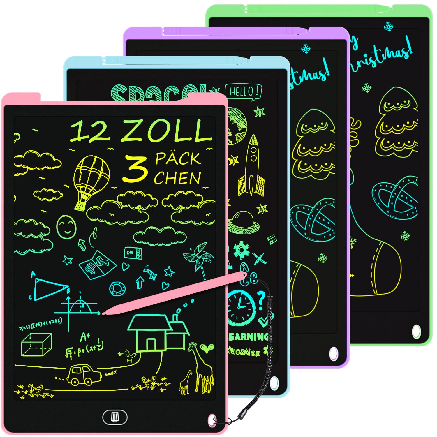 4 Pack 12 Inch Colorful LCD Writing Tablet, Drawing Board for Kids | Lock & Dele