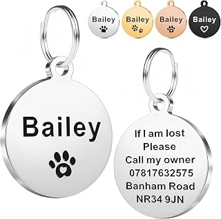Personalised Dog Tags for Pets UK, Deep Engraved Dog Cat Tag, Stainless Steel Dog Name ID Tags, Pet Tag for Dog Puppy Cat, 2 Sizes, 2 Shapes, 4 Colours (Silver Round, S)