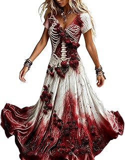 Halloween Dresses for Women UK Ladies Gothic Dress Skeleton Print Costume | Short Sleeve V Neck Plus Size Costumes Funny Skeleton Printed Halloween Flowy Maxi Dress Cosplay Party