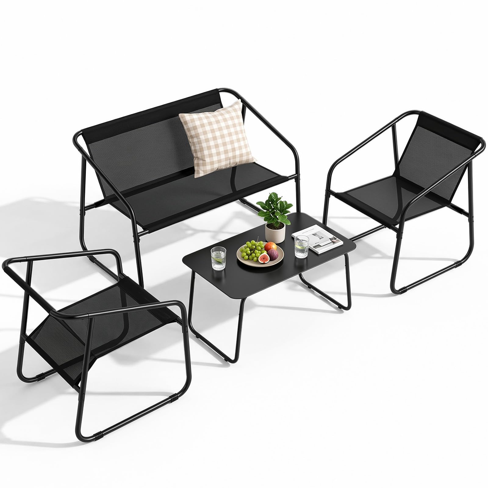 DUMOS 4 Piece Patio Furniture Set, with Table and Chairs, Black | Outdoor Patio 