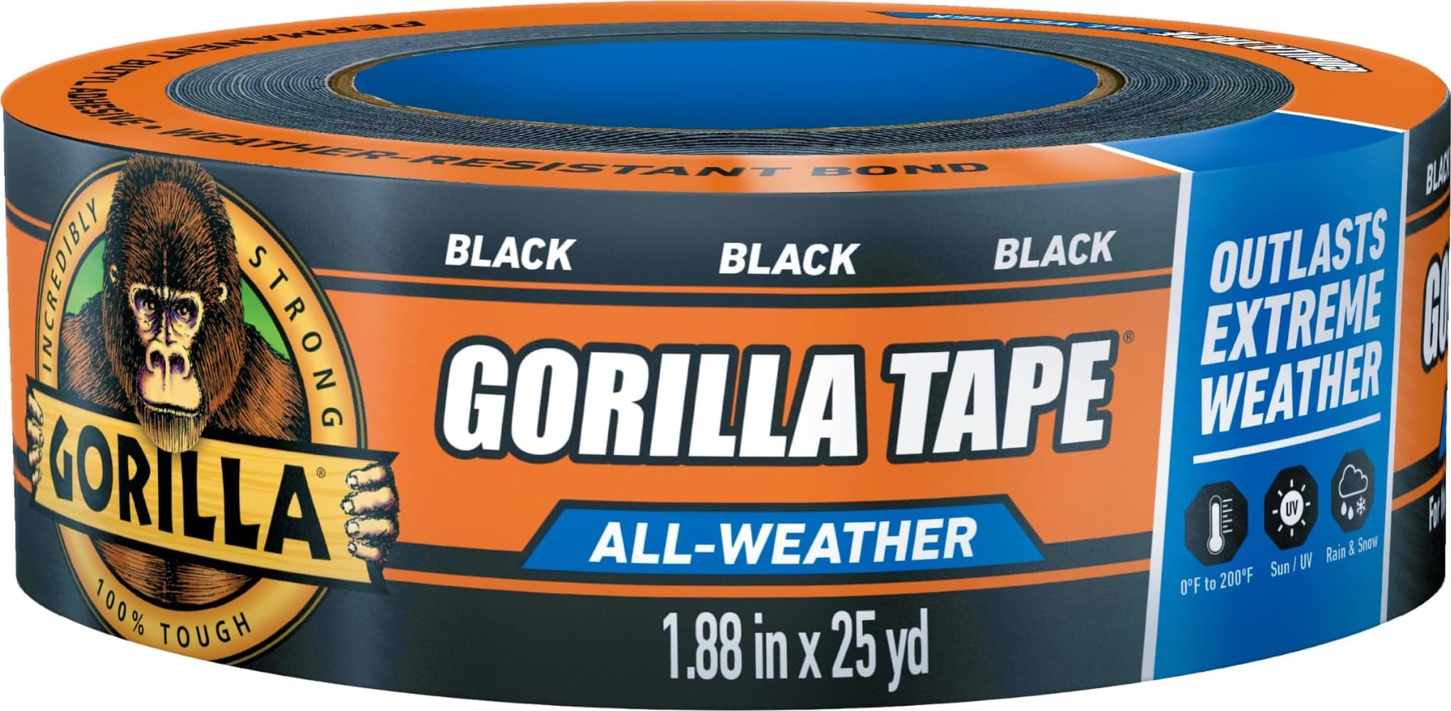 Gorilla All Weather Tape Black Weatherproof for Outdoor Repairs 1.88"x 25yd | Bu