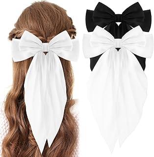 Generic Chiffon Bow Clips for Women 2pcs Big Bow Bowknot Barrette French Style Thick Long Hair Wedding (Black+White)