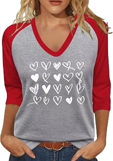 Vircreate Womens 3/4 Sleeve V Neck T-Shirts Valentina's Day Spring Shirts Love Heart Graphic Tee Tops